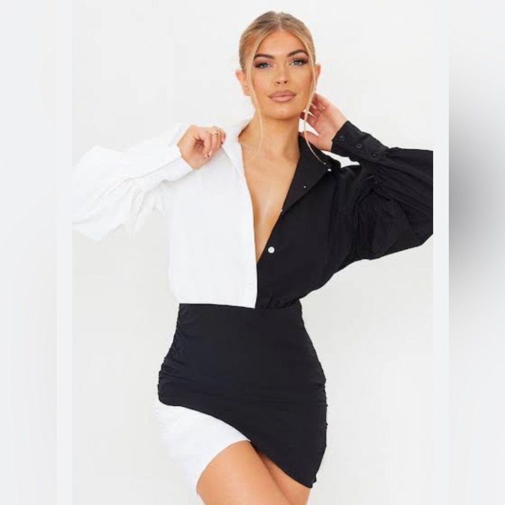MONOCHROME CONTRAST DETAIL LONG SLEEVE SHIRT DRESS